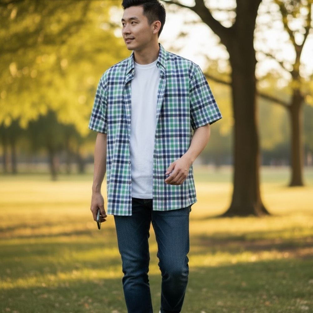 Jos. A. Bank Short-Sleeve Plaid Button-Down - Green & Blue